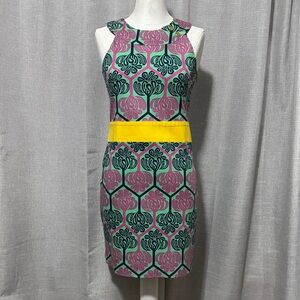 Tracy Negoshian Shift Dress-S-Cotton-MCM Geometric Print-Green/Yellow/Navy/Pink